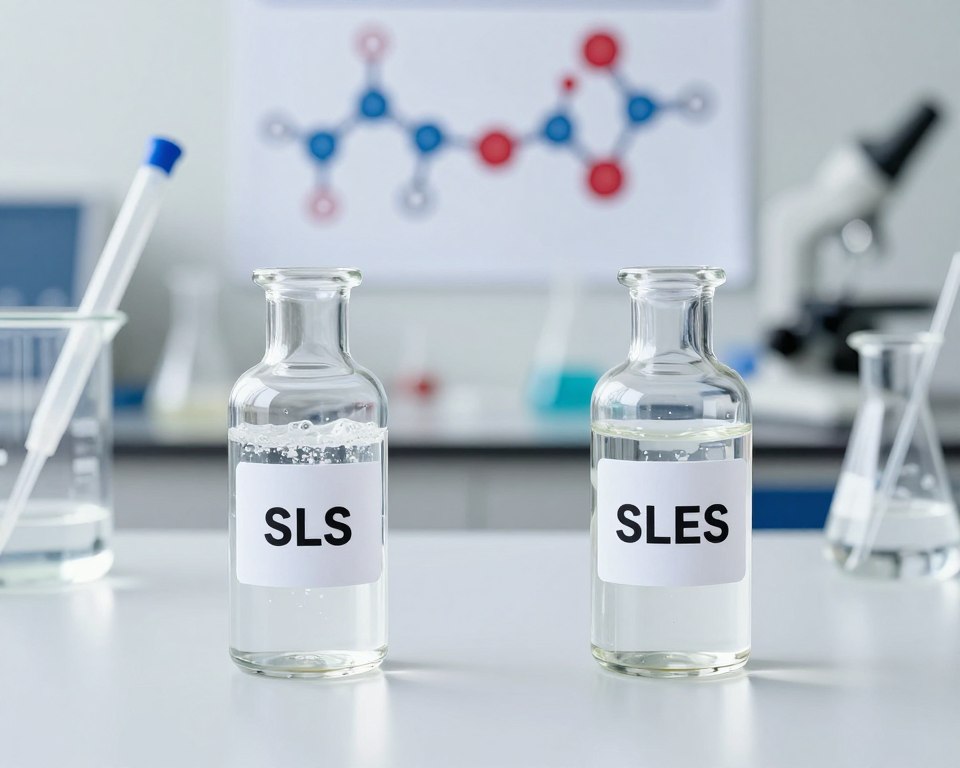 A detailed side-by-side comparison of Sodium Lauryl Sulfate (SLS) and Sodium Laureth Sulfate (SLES), showcased in a clean, scientific laboratory setting. In the foreground, elegantly labeled glass vials containing clear and bubbly solutions of SLS and SLES demonstrate their different chemical properties. The middle ground features a sleek laboratory table with scientific instruments like beakers and pipettes, highlighting a research atmosphere. In the background, a soft-focus scientific chart displays molecular structures, subtly illuminating the differences in composition. Use bright, natural lighting to create an inviting yet professional ambiance, with a slight depth of field to emphasize the vials. Aim for a balanced composition, drawing the viewer’s eye to the comparisons while maintaining a serene, academic mood. A detailed side-by-side comparison of Sodium Lauryl Sulfate (SLS) and Sodium Laureth Sulfate (SLES), showcased in a clean, scientific laboratory setting. In the foreground, elegantly labeled glass vials containing clear and bubbly solutions of SLS and SLES demonstrate their different chemical properties. The middle ground features a sleek laboratory table with scientific instruments like beakers and pipettes, highlighting a research atmosphere. In the background, a soft-focus scientific chart displays molecular structures, subtly illuminating the differences in composition. Use bright, natural lighting to create an inviting yet professional ambiance, with a slight depth of field to emphasize the vials. Aim for a balanced composition, drawing the viewer’s eye to the comparisons while maintaining a serene, academic mood.