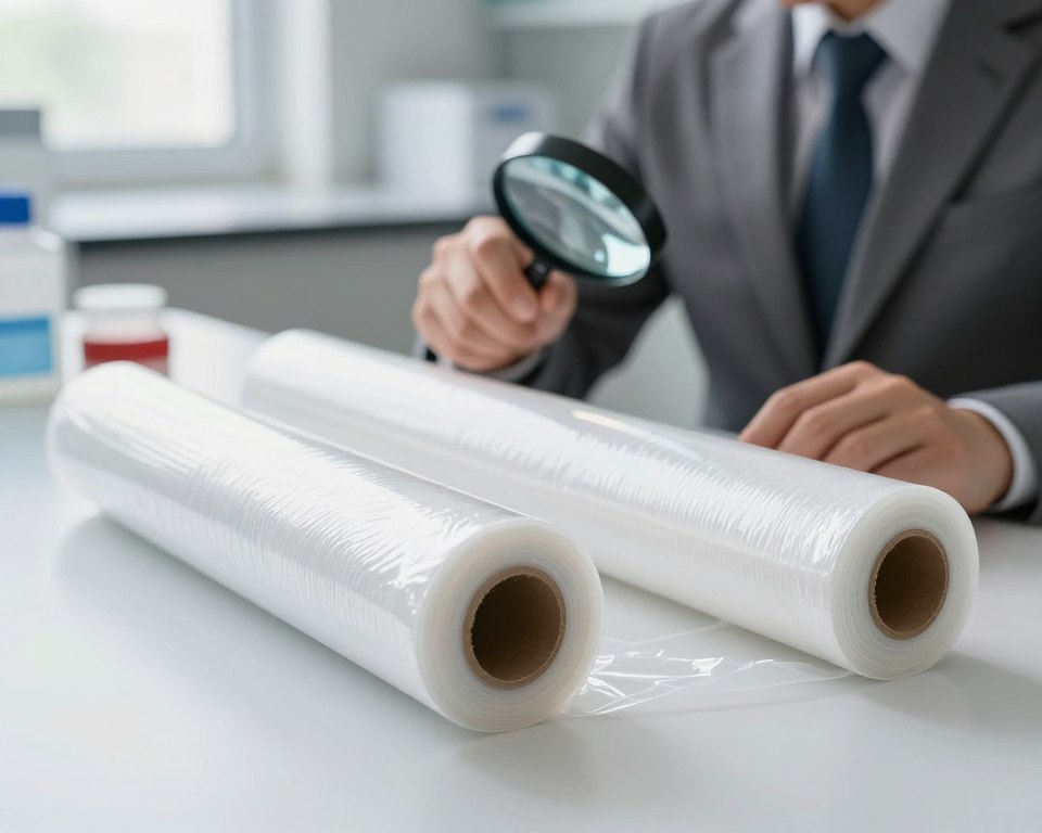 A detailed split image focusing on distinguishing between PVC and polyethylene. In the foreground, prominently display two sample rolls of plastic wrap on a clean, white surface: one roll distinctly labeled as PVC with a slight sheen, and the other as polyethylene with a more matte finish. The middle-ground features a professional individual dressed in smart casual attire, carefully examining the rolls with a magnifying glass. The background is softly blurred, showcasing a laboratory environment with tools and equipment, illuminated by bright, natural light pouring in from a nearby window, creating a clear and informative atmosphere. Capture this scene with a shallow depth of field, emphasizing the textures and colors of the plastic materials, evoking a sense of scientific inquiry and clarity. A detailed split image focusing on distinguishing between PVC and polyethylene. In the foreground, prominently display two sample rolls of plastic wrap on a clean, white surface: one roll distinctly labeled as PVC with a slight sheen, and the other as polyethylene with a more matte finish. The middle-ground features a professional individual dressed in smart casual attire, carefully examining the rolls with a magnifying glass. The background is softly blurred, showcasing a laboratory environment with tools and equipment, illuminated by bright, natural light pouring in from a nearby window, creating a clear and informative atmosphere. Capture this scene with a shallow depth of field, emphasizing the textures and colors of the plastic materials, evoking a sense of scientific inquiry and clarity.