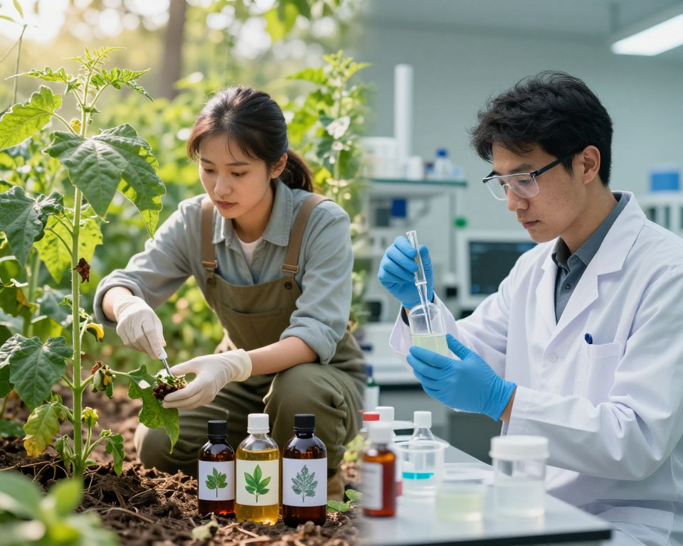 A detailed split-scene image illustrating the contrast between organic and synthetic pesticides. In the foreground, on the left, display lush green plants thriving with vibrant organic produce, showcasing a gardener in professional attire gently applying a natural pesticide, surrounded by tools and bottles with botanical labels. On the right, depict a structured laboratory environment where a scientist in a lab coat examines synthetic pesticide compounds amidst high-tech equipment and sterile containers. The middle ground should feature a blurred transition that symbolizes the merging of nature and technology, with sunlight filtering through leaves on the organic side and a cooler, artificial light illuminating the synthetic side. Capture the mood of harmony in nature on the left and precision in science on the right, with a clear, balanced composition.