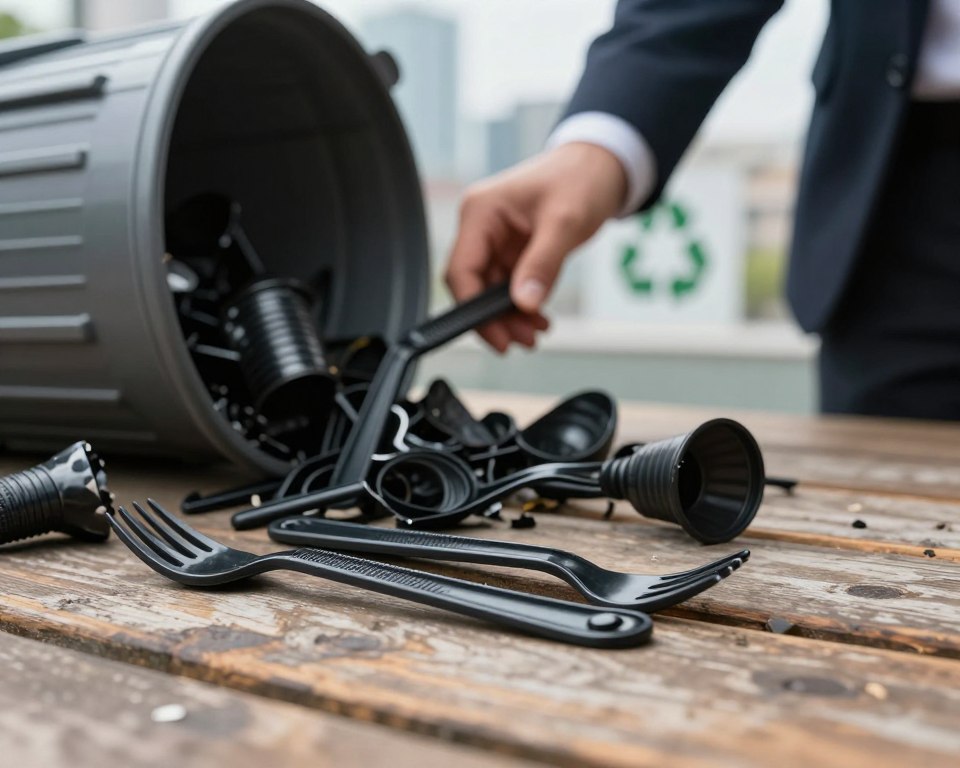 A detailed visual representation of recycling challenges with black plastic, focusing on several discarded black plastic utensils lying on a weathered wooden surface. In the foreground, a close-up view shows the utensils highlighting their textures and features. In the middle ground, include a recycling bin partially filled with these utensils, with a hand in a professional business attire reaching towards it, indicating the act of sorting materials. The background features a blurred cityscape with recycling symbols faintly visible, creating a sense of urgency and awareness about waste management. Soft, natural lighting filters through, imparting a serious yet hopeful mood, emphasizing the need for solutions to address the complexities of recycling black plastic.