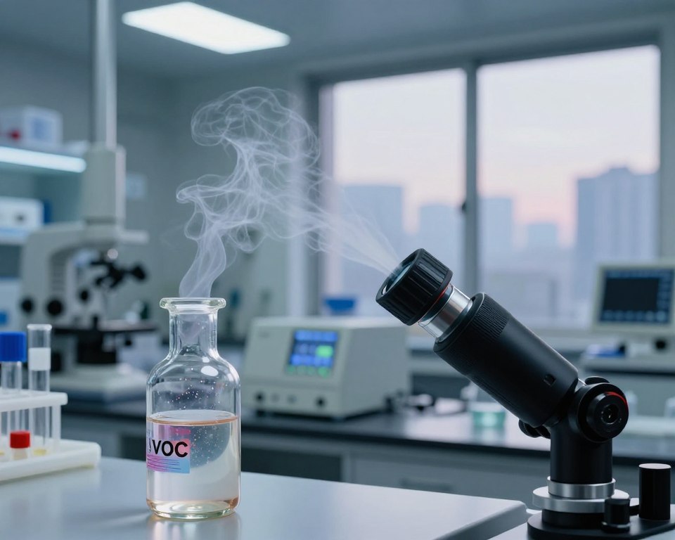 A detailed visualization of a laboratory environment focused on volatile organic compounds (VOCs) and chemical off-gassing. In the foreground, a glass vial emits thin wisps of colored vapor, representing VOCs, with a close-up lens to capture the intricacies of the gaseous particles. The middle ground features scientific equipment such as mass spectrometers and gas detectors on a sleek countertop, illuminated by bright laboratory lights creating a clinical atmosphere. In the background, a large window shows a cityscape with faint air pollution, casting a muted glow into the lab. The mood is tense yet informative, emphasizing the potential dangers of toxic substances in indoor air. The image should be well-lit, with a focus on clarity and detail, ensuring no human subjects are present.