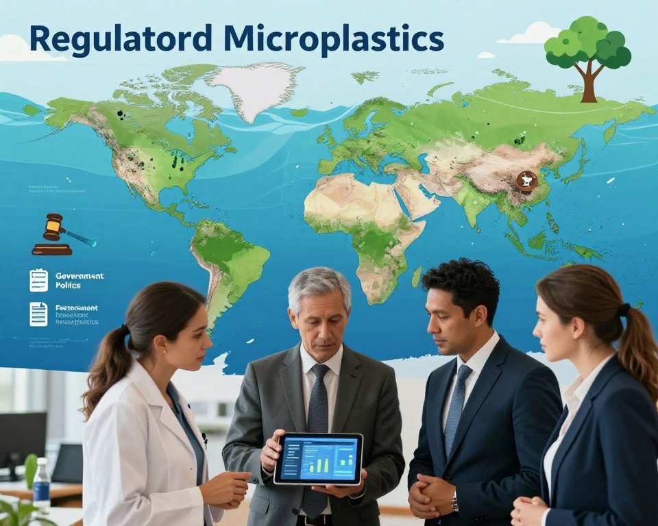 A detailed visualization of the regulatory landscape surrounding microplastics, featuring a stylized infographic. In the foreground, a diverse group of three professionals in business attire (a female scientist, a male policy maker, and a female activist) discuss data represented on a digital tablet. The middle ground showcases a blend of maps marking marine and terrestrial environments affected by microplastics, alongside icons symbolizing government policies, such as a gavel, document, and recycling symbol. The background portrays a vibrant blue ocean and a green environment, lightly polluted with visible microplastics. Soft ambient lighting gives the image a hopeful yet urgent tone, highlighting the importance of the regulatory efforts. The scene is designed with a shallow depth of field to focus attention on the professionals and their discussion.