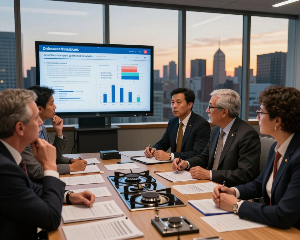A detailed, visually striking composition illustrating the regulatory shifts and policy debates regarding gas stove emissions in the United States. In the foreground, a thoughtful group of diverse policymakers, dressed in professional business attire, are engaged in animated discussion around a conference table cluttered with reports and documents about gas stove emissions. The middle ground features a large digital screen displaying infographics and charts related to emissions data and health impacts. In the background, floor-to-ceiling windows reveal a city skyline at twilight, casting a warm glow and emphasizing the urgent nature of these debates. The lighting is warm and focused on the table, creating an atmosphere of intense deliberation and urgency, highlighting the critical importance of policy decisions.