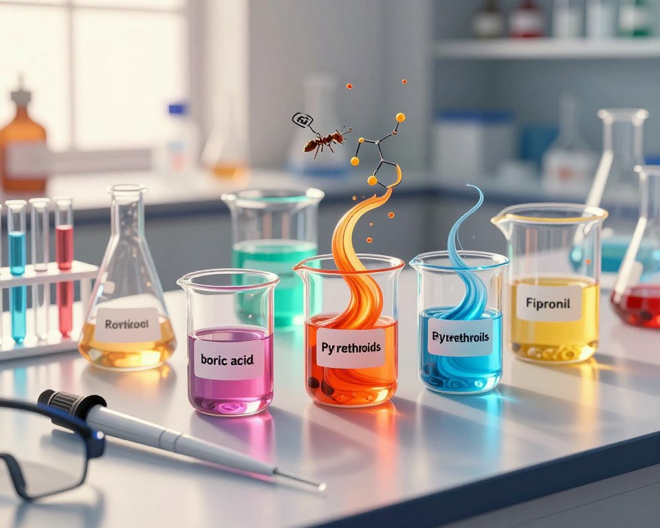 A detailed, visually striking illustration of the chemical composition of ant killers, showcasing various colorful chemical compounds in labeled glass beakers and test tubes. In the foreground, a clean laboratory table with precise lab instruments like pipettes and safety goggles. In the middle, vibrant, swirling colored liquids representing different active ingredients of ant killers, such as boric acid, pyrethroids, and fipronil. The background features a blurred laboratory setting with bright, warm lighting to create a scientific atmosphere, with shadows providing depth. Focus the image at a slight angle to emphasize the textures of the chemicals, ensuring the scene appears dynamic yet organized, reflecting a professional environment dedicated to chemical research. Exclude any captions or text elements. A detailed, visually striking illustration of the chemical composition of ant killers, showcasing various colorful chemical compounds in labeled glass beakers and test tubes. In the foreground, a clean laboratory table with precise lab instruments like pipettes and safety goggles. In the middle, vibrant, swirling colored liquids representing different active ingredients of ant killers, such as boric acid, pyrethroids, and fipronil. The background features a blurred laboratory setting with bright, warm lighting to create a scientific atmosphere, with shadows providing depth. Focus the image at a slight angle to emphasize the textures of the chemicals, ensuring the scene appears dynamic yet organized, reflecting a professional environment dedicated to chemical research. Exclude any captions or text elements.