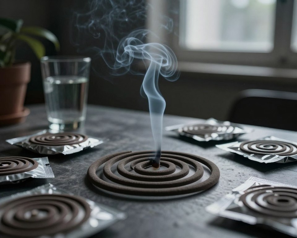 A dimly lit indoor environment showcases a table cluttered with various mosquito coils and their packaging, emphasizing health risks associated with their use. In the foreground, focus on a smoldering mosquito coil releasing wispy tendrils of smoke. In the middle ground, a glass of water and a plant with drooping leaves symbolize the impact on indoor air quality. The background features a window with faint light filtering through, casting shadows that hint at a dreary atmosphere. Balance this with gray tones to evoke a sense of caution and concern. Utilize a macro lens to capture the intricate details of the coil and smoke, with soft lighting that highlights the harmful essence of the scene, fostering an uneasy mood that emphasizes the health risks involved.