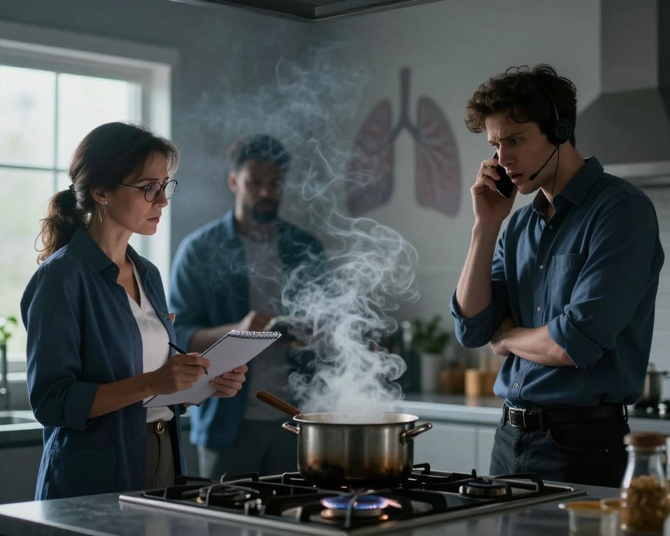 A dimly lit indoor kitchen scene, featuring a diverse group of three individuals in professional attire examining a stove emitting wisps of smoke, illustrating the dangers of smoke inhalation. In the foreground, a middle-aged woman with glasses and a concerned expression is holding a notepad, while a young man with a headset is speaking on the phone, looking alarmed. In the middle ground, a boiling pot emits a thick, grayish smoke that softly blurs the immediate area, symbolizing the hazardous effects of burned food smoke. Light filters through a nearby window, casting a somber hue over the scene, emphasizing an atmosphere of urgency and seriousness. In the background, a faint image of lungs overlays the smoke, subtly reinforcing the health risks without being overt, creating a thought-provoking visual connecting the kitchen environment to vulnerable populations.