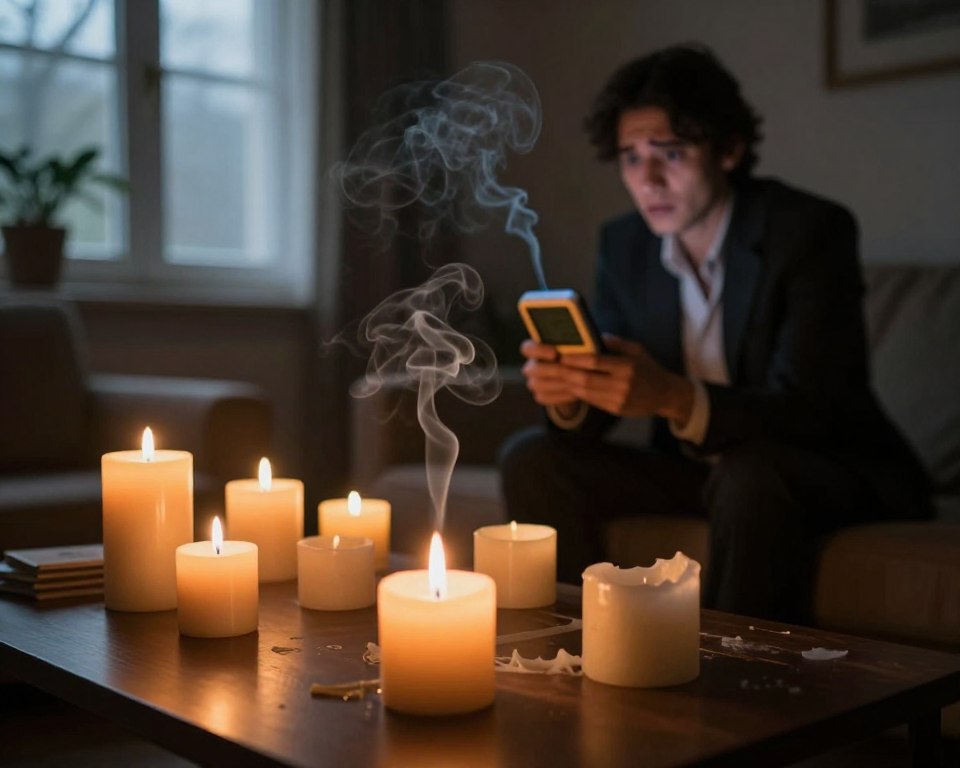 A dimly lit indoor living room showcasing the dangers of burning candles. In the foreground, a partially melted candle emits wisps of dark smoke, which swirl upward. The middle ground features a table cluttered with various types of candles, some burning and others extinguished, with a half-open window indicating ventilation. In the background, a worried individual in professional attire examines their surroundings, holding a small air quality monitor, emphasizing concern over indoor air pollution. Soft shadows cast by the flickering candlelight create an unsettling atmosphere, highlighting the potential health risks. The lighting is warm but moody, captured at eye level using a slightly blurred focus on the candles to emphasize the smoke. The overall tone reflects caution and awareness. A dimly lit indoor living room showcasing the dangers of burning candles. In the foreground, a partially melted candle emits wisps of dark smoke, which swirl upward. The middle ground features a table cluttered with various types of candles, some burning and others extinguished, with a half-open window indicating ventilation. In the background, a worried individual in professional attire examines their surroundings, holding a small air quality monitor, emphasizing concern over indoor air pollution. Soft shadows cast by the flickering candlelight create an unsettling atmosphere, highlighting the potential health risks. The lighting is warm but moody, captured at eye level using a slightly blurred focus on the candles to emphasize the smoke. The overall tone reflects caution and awareness.