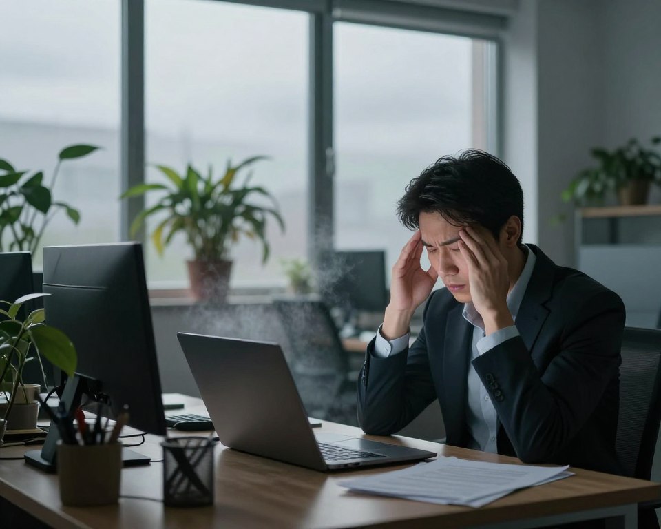 A dimly lit, indoor office environment illustrating the health effects of poor air quality. In the foreground, a tired-looking professional, dressed in smart business attire, sits at a cluttered desk with a laptop open, rubbing their temples in fatigue. In the middle, subtle indications of indoor air pollution: indoor plants wilting, dust gathering on surfaces, and a faint haze in the air. The background shows office windows with gray skies outside, suggesting a lack of fresh air. Use soft, diffused lighting to create a somber and oppressive atmosphere, emphasizing the connection between the interior environment and the individual’s fatigue. The composition should evoke a sense of discomfort and concern about indoor air quality and its effects on health.