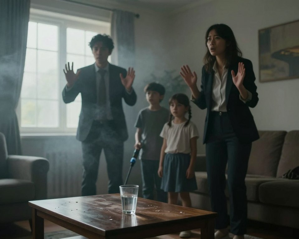 A dimly lit indoor room filled with a haze of pesticide mist, showcasing the harmful effects of insect foggers. In the foreground, a small coffee table with a forgotten half-full glass of water, hinting at the neglect caused by chemical exposure. In the middle ground, a family of three (one parent and two children) wearing professional attire, expressing concern and confusion, with their hands raised in a defensive gesture as they approach the dense fog. The background features a window partially covered with curtains, through which the dim daylight struggles to penetrate, highlighting the contrast between outside safety and indoor danger. The atmosphere is tense and foreboding, with soft shadows enhancing the sense of unease and the potential health risks posed by indoor pesticide use. The overall mood reflects anxiety and concern for family health in a space that should feel safe.
