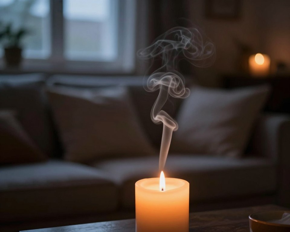 A dimly lit indoor scene focusing on a beautifully crafted candle burning gently in the foreground, releasing wisps of delicate smoke that curl gracefully into the air. The middle ground features a blurred, serene setting of a cozy living room with soft textures, such as plush cushions and warm ambient lighting, enhancing the intimate atmosphere. In the background, a window reveals a subtle twilight glow, emphasizing the contrast between the soft candlelight and the encroaching darkness outside. The smoke trails are highlighted, creating an ethereal effect, symbolizing both tranquility and potential risk. The overall mood is contemplative and slightly melancholic, inviting viewers to reflect on the dual nature of candle use. The image is captured with a shallow depth of field to focus on the candle and smoke, using soft lighting to evoke a calming yet thoughtful ambiance. A dimly lit indoor scene focusing on a beautifully crafted candle burning gently in the foreground, releasing wisps of delicate smoke that curl gracefully into the air. The middle ground features a blurred, serene setting of a cozy living room with soft textures, such as plush cushions and warm ambient lighting, enhancing the intimate atmosphere. In the background, a window reveals a subtle twilight glow, emphasizing the contrast between the soft candlelight and the encroaching darkness outside. The smoke trails are highlighted, creating an ethereal effect, symbolizing both tranquility and potential risk. The overall mood is contemplative and slightly melancholic, inviting viewers to reflect on the dual nature of candle use. The image is captured with a shallow depth of field to focus on the candle and smoke, using soft lighting to evoke a calming yet thoughtful ambiance.