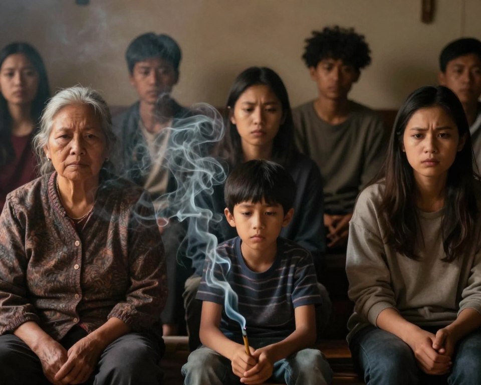 A dimly lit indoor setting depicting a diverse group of people, including an elderly woman and a child, sitting near the source of incense smoke. In the foreground, wispy tendrils of incense smoke curl and float, illustrating the ethereal nature of air pollution. The middle layer features the concerned expressions of the individuals, conveying a sense of vulnerability and unease. The background is filled with soft shadows, hinting at a cozy, yet potentially hazardous atmosphere. Utilize warm lighting to create a juxtaposition between comfort and danger. The image should evoke a mood of awareness and caution, highlighting the health risks associated with incense smoke for sensitive populations. Ensure all human subjects are dressed in modest casual clothing. A dimly lit indoor setting depicting a diverse group of people, including an elderly woman and a child, sitting near the source of incense smoke. In the foreground, wispy tendrils of incense smoke curl and float, illustrating the ethereal nature of air pollution. The middle layer features the concerned expressions of the individuals, conveying a sense of vulnerability and unease. The background is filled with soft shadows, hinting at a cozy, yet potentially hazardous atmosphere. Utilize warm lighting to create a juxtaposition between comfort and danger. The image should evoke a mood of awareness and caution, highlighting the health risks associated with incense smoke for sensitive populations. Ensure all human subjects are dressed in modest casual clothing.