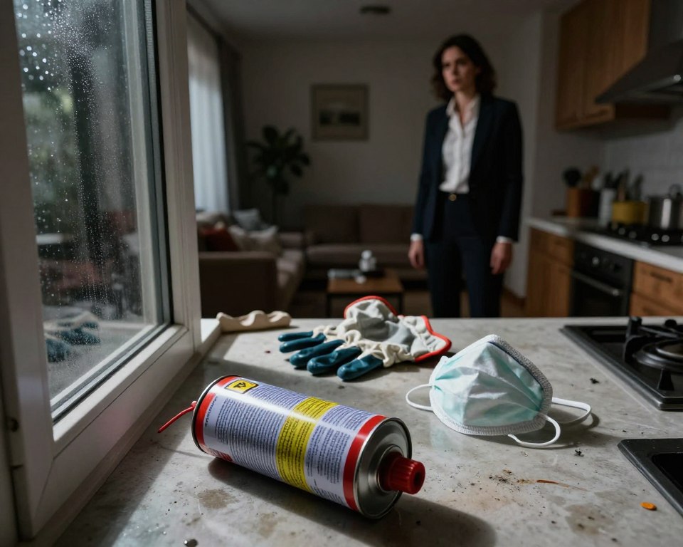 A dimly lit indoor setting depicting the aftermath of using bug bombs. In the foreground, a discarded bug bomb canister lies next to a partially open window, showing condensation around the edges, suggesting indoor humidity. In the middle ground, a pair of protective gloves and a face mask are spilled on a messy kitchen counter, with visible warning labels on the items. The background reveals a shadowy, cluttered living room with a worried-looking person in professional business attire, standing at a safe distance, gazing at the scene with concern. The lighting is soft but eerie, casting shadows that emphasize potential dangers. The atmosphere conveys tension and caution, highlighting the risks associated with improper use.