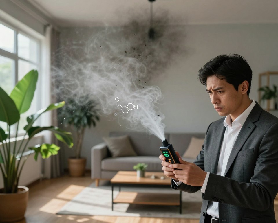 A dimly lit indoor space showing contrasting areas impacted by ant killer, with one side depicting a vibrant, clean atmosphere filled with plants and clear air, while the other side displays a cloudy, polluted area with chemical residue visible in the air. In the foreground, a professional in business attire analyzes air quality using a handheld device, looking concerned. The middle area focuses on air particles and chemical symbols floating around, subtly hinting at toxicity. The background features a well-furnished living room with neutral colors but a visible division where the ant killer effects are pronounced. Soft, diffused lighting casts shadows, creating a serious yet informative mood. A macro lens perspective emphasizes the detail in both air quality indicators and the surroundings. A dimly lit indoor space showing contrasting areas impacted by ant killer, with one side depicting a vibrant, clean atmosphere filled with plants and clear air, while the other side displays a cloudy, polluted area with chemical residue visible in the air. In the foreground, a professional in business attire analyzes air quality using a handheld device, looking concerned. The middle area focuses on air particles and chemical symbols floating around, subtly hinting at toxicity. The background features a well-furnished living room with neutral colors but a visible division where the ant killer effects are pronounced. Soft, diffused lighting casts shadows, creating a serious yet informative mood. A macro lens perspective emphasizes the detail in both air quality indicators and the surroundings.