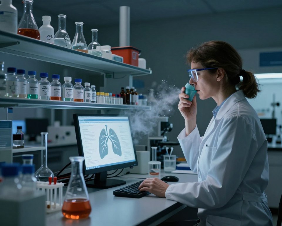 A dimly lit laboratory interior with a focus on a researcher in professional attire, standing at a workstation surrounded by chemical flasks and inhalers. The researcher, a middle-aged Caucasian woman, is examining a respiratory health chart displayed on a screen. In the foreground, subtle inhalation particles are visible, illustrated as a hazy mist. In the middle, detailed close-ups of various quaternized ammonium compounds in vials line the shelves, showcasing their chemical structures. The background features shelves of safety gear, emphasizing the serious atmosphere of research on chronic health implications. Soft overhead lighting casts shadows, adding depth and a sense of urgency to the environment, suggesting the critical nature of the research being conducted.