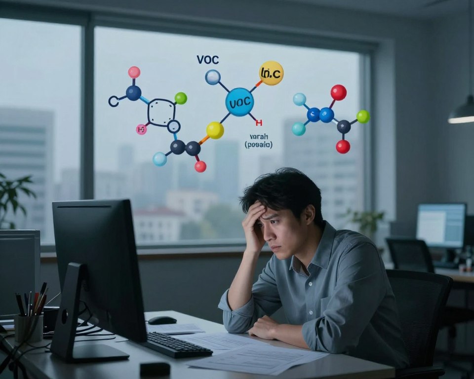 A dimly lit office space, conveying a sense of confusion and lethargy. In the foreground, a professional individual in modest attire, looking puzzled and distracted while surrounded by scattered papers and a glowing computer screen. The middle layer features an array of colorful chemical molecules and elements representing volatile organic compounds (VOCs) floating gently around, symbolizing the unseen threat of air pollution. In the background, a window reveals a cityscape shrouded in a hazy atmosphere, hinting at indoor and outdoor air quality issues. Soft, melancholic lighting creates an introspective mood, while a shallow depth of field emphasizes the figure's expression of brain fog and cognitive decline. No text or markings included.