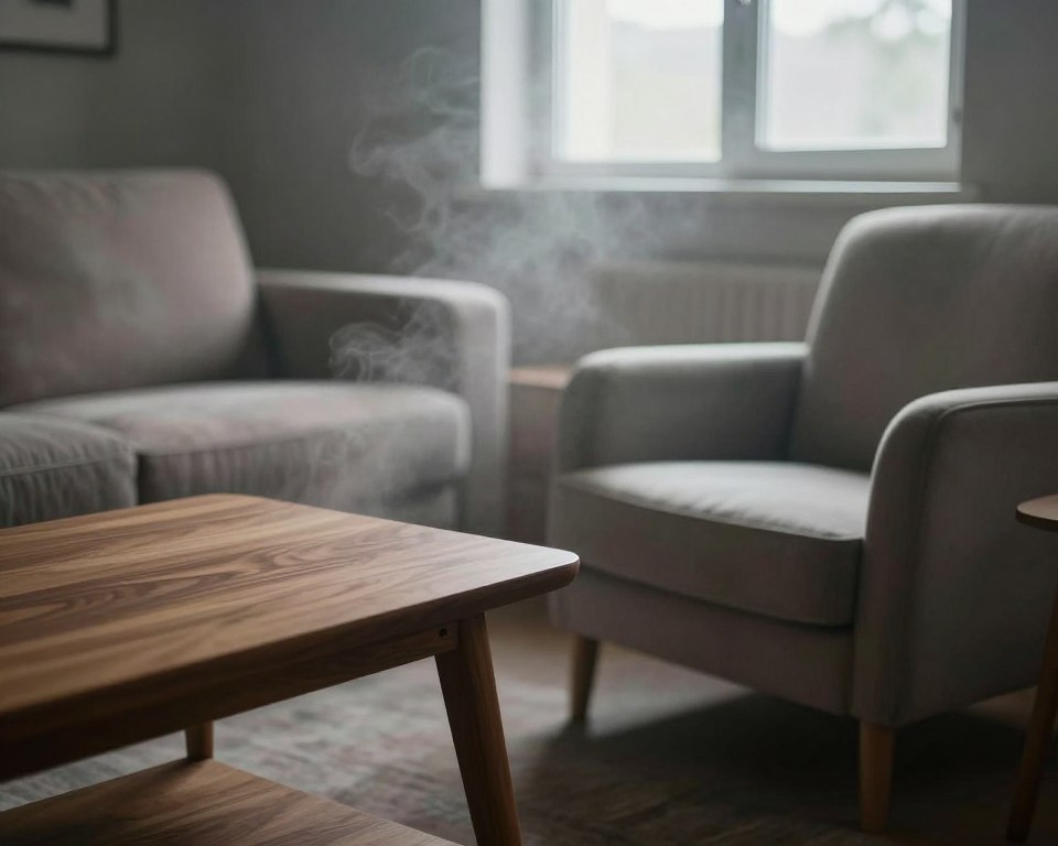 A dimly lit room showcases an array of new furniture pieces, such as a wooden table, a plush sofa, and a stylish armchair, partially shrouded in a hazy mist that represents off-gassing. The foreground features the furniture with a focus on their textures—smooth wood grain, soft fabric, and elegant design. The middle ground displays subtle wisps of vapor rising from the surfaces, suggesting chemical emissions. In the background, a window lets in soft, diffused natural light, illuminating the space and creating an introspective atmosphere. Use a shallow depth of field to keep the emphasis on the furniture while softly blurring the background. The overall mood should evoke curiosity and concern about the unseen effects of manufacturing processes on indoor air quality.