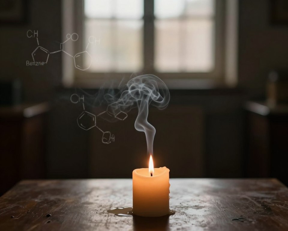 A dimly lit room with a table set in the foreground, featuring a burnt candle with wisps of smoke curling upwards. The candle is partially melted, indicating prolonged use. In the middle ground, a subtle representation of chemical structures can be faintly sketched in the air, visualizing the toxic compounds from candle fumes like benzene and formaldehyde. The background presents a blurred image of a window with sunlight peeking through, creating a warm yet slightly suffocating atmosphere. The overall mood is contemplative and slightly ominous, highlighting the hidden dangers of inhaling burning candle fumes. Soft, diffused lighting enhances the focus on the smoke and candle, while the camera angle captures a top-down perspective to emphasize the smoke trails. A dimly lit room with a table set in the foreground, featuring a burnt candle with wisps of smoke curling upwards. The candle is partially melted, indicating prolonged use. In the middle ground, a subtle representation of chemical structures can be faintly sketched in the air, visualizing the toxic compounds from candle fumes like benzene and formaldehyde. The background presents a blurred image of a window with sunlight peeking through, creating a warm yet slightly suffocating atmosphere. The overall mood is contemplative and slightly ominous, highlighting the hidden dangers of inhaling burning candle fumes. Soft, diffused lighting enhances the focus on the smoke and candle, while the camera angle captures a top-down perspective to emphasize the smoke trails.