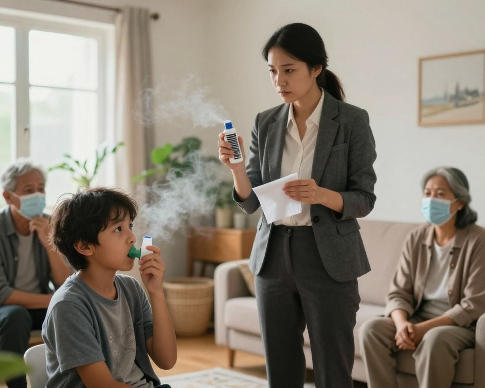 A diverse group of people in a softly lit indoor setting, illustrating vulnerable populations impacted by indoor air quality. The foreground features a young child with asthma using an inhaler, next to an elderly person with a mask, both appearing concerned. In the middle, a woman in professional attire holds a fabric refresher spray while looking at a dusty air vent, subtly showcasing the source of air quality issues. The background shows a cozy living room with plants, natural light filtering through the windows, creating a warm yet serious atmosphere. The room has a slight haze, symbolizing poor air quality. The image conveys awareness and concern, with a focus on respiratory sensitivities in everyday environments.