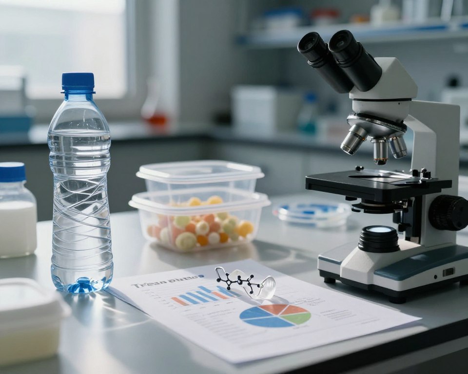 A dramatic close-up of Tritan plastic products, showcasing a clear water bottle and food containers, arranged on a laboratory table. The foreground features a microscope examining a Tritan plastic sample, highlighting its molecular structure. In the middle ground, informative graphs and charts illustrate the health impacts of Tritan plastic, subtly blurred to maintain focus on the main objects. The background contains a softly lit laboratory environment with shelves of research materials and safety equipment, enhancing the scientific atmosphere. Natural light filters through a window, casting soft shadows, creating an atmosphere of inquiry and caution. The overall mood conveys a sense of serious analysis, reflecting the health implications of Tritan plastic in a professional context. A dramatic close-up of Tritan plastic products, showcasing a clear water bottle and food containers, arranged on a laboratory table. The foreground features a microscope examining a Tritan plastic sample, highlighting its molecular structure. In the middle ground, informative graphs and charts illustrate the health impacts of Tritan plastic, subtly blurred to maintain focus on the main objects. The background contains a softly lit laboratory environment with shelves of research materials and safety equipment, enhancing the scientific atmosphere. Natural light filters through a window, casting soft shadows, creating an atmosphere of inquiry and caution. The overall mood conveys a sense of serious analysis, reflecting the health implications of Tritan plastic in a professional context.