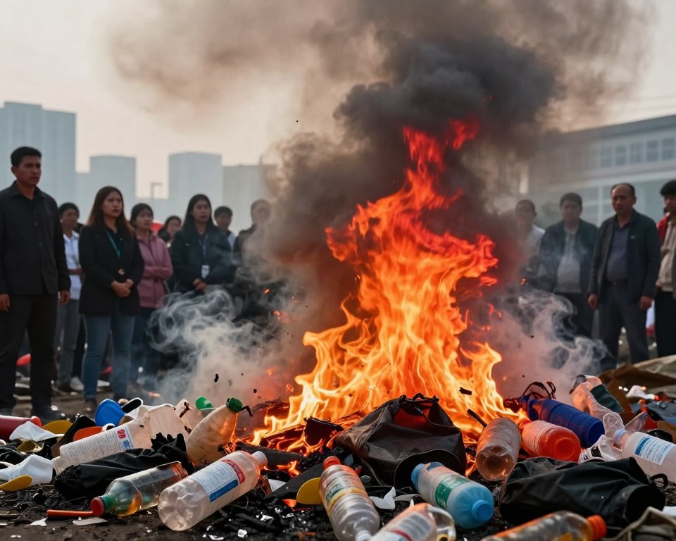A dramatic scene depicting burning plastic pollution, showcasing a dense cloud of smoke rising from a pile of melting plastic waste. In the foreground, charred plastic items, including bottles and bags, reflect the bright flames, casting orange and red hues. The midground features distressed community members in professional attire, observing the fire with concerned expressions, emphasizing the urgency of environmental issues. In the background, a blurred city skyline with a hazy atmosphere highlights the impact of pollution on urban life. The lighting is stark, creating a harsh contrast between the flames and the darkened surroundings, evoking feelings of alarm and advocacy for awareness. Capture this moment from a low angle to emphasize the height of the flames and the gravity of the situation.