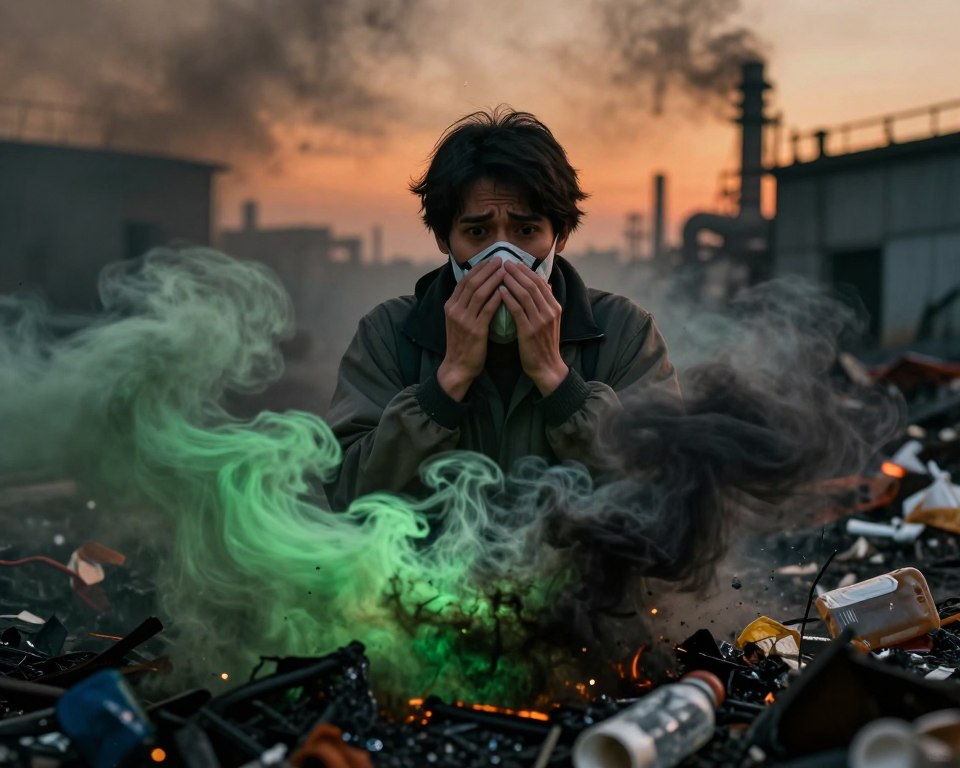 A dramatic scene depicting the health impacts of burning plastic, focusing on a close-up view of a person wearing a professional mask, surrounded by swirling, dark smoke. The foreground features vivid, toxic green and black fumes rising from smoldering plastic waste, with minute particles visible in the air. In the middle, the concerned individual, dressed in a simple yet professional outfit, stands against the chaotic backdrop of burning debris, showcasing a look of alarm as they cover their mouth and nose. The background is filled with the blurred outlines of industrial waste facilities, casting grim shadows under a hazy, orange-tinted sky, evoking a sense of urgency and danger. The lighting is moody and dramatic, highlighting the contrast between the human figure and the toxic environment, creating a haunting atmosphere that underscores the respiratory health risks associated with inhaling plastic fumes.