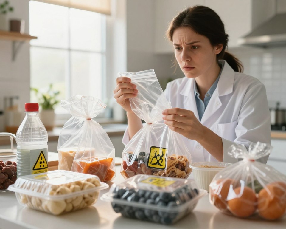 A dynamic composition illustrating the health risks of plastic packaging. In the foreground, a close-up of various types of plastic food packaging showcasing symbols of chemical risk, such as a biohazard icon. In the middle ground, a kitchen setting with a concerned individual, wearing a professional outfit, inspecting food items wrapped in plastic, looking cautiously at the packaging. The background features a blurred view of a bright kitchen with sunlight streaming through a window, creating a clean, yet unsettling atmosphere. The lighting is warm but slightly harsh, emphasizing the plastic textures. Aim for a realistic, thoughtful tone, capturing the urgency and awareness surrounding chemical migration from plastic to food. A dynamic composition illustrating the health risks of plastic packaging. In the foreground, a close-up of various types of plastic food packaging showcasing symbols of chemical risk, such as a biohazard icon. In the middle ground, a kitchen setting with a concerned individual, wearing a professional outfit, inspecting food items wrapped in plastic, looking cautiously at the packaging. The background features a blurred view of a bright kitchen with sunlight streaming through a window, creating a clean, yet unsettling atmosphere. The lighting is warm but slightly harsh, emphasizing the plastic textures. Aim for a realistic, thoughtful tone, capturing the urgency and awareness surrounding chemical migration from plastic to food.