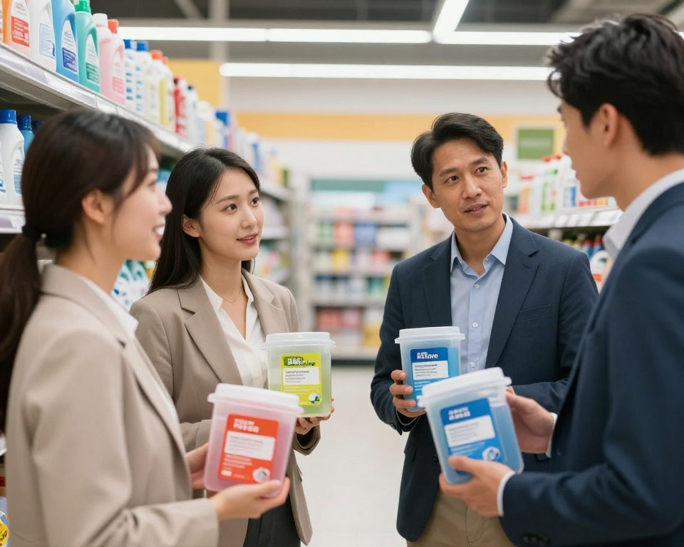 A dynamic scene illustrating consumer advocacy and ingredient transparency in the context of laundry products. In the foreground, a diverse group of three individuals—two women and a man, all in professional attire—engaged in a discussion, holding transparent laundry product containers showcasing their ingredient labels. In the middle ground, bright, colorful labels display common ingredients, emphasizing clarity and transparency. The background features a modern, well-lit supermarket aisle with shelves stocked with various laundry products, promoting an atmosphere of informed consumer choices. Soft, natural lighting enhances the scene, creating a hopeful and empowering mood. The angle captures the individuals in a slight three-quarter perspective, drawing the viewer's eye towards their interaction and the highlighted ingredients.