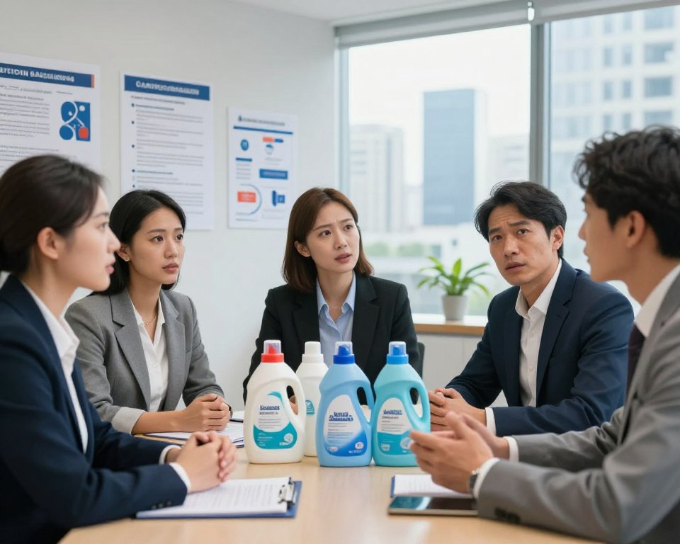 A focused composition depicting a split scene to represent advocacy and detergent industry regulations surrounding 1,4-Dioxane contamination. In the foreground, a diverse group of three professionals—two women and one man—are engaged in a passionate discussion, dressed in smart business attire, with expressions reflecting determination and urgency. In the middle ground, a large table displays various laundry detergent bottles, highlighted under soft, natural light as if in a corporate meeting room. The background shows a wall filled with infographics and legislation documents about safety regulations, with a modern cityscape visible through a large window, symbolizing the broader impact of advocacy efforts. The atmosphere is serious yet hopeful, conveying a sense of progress and commitment to consumer safety. The lighting should be bright and inviting but with an emphasis on professionalism.
