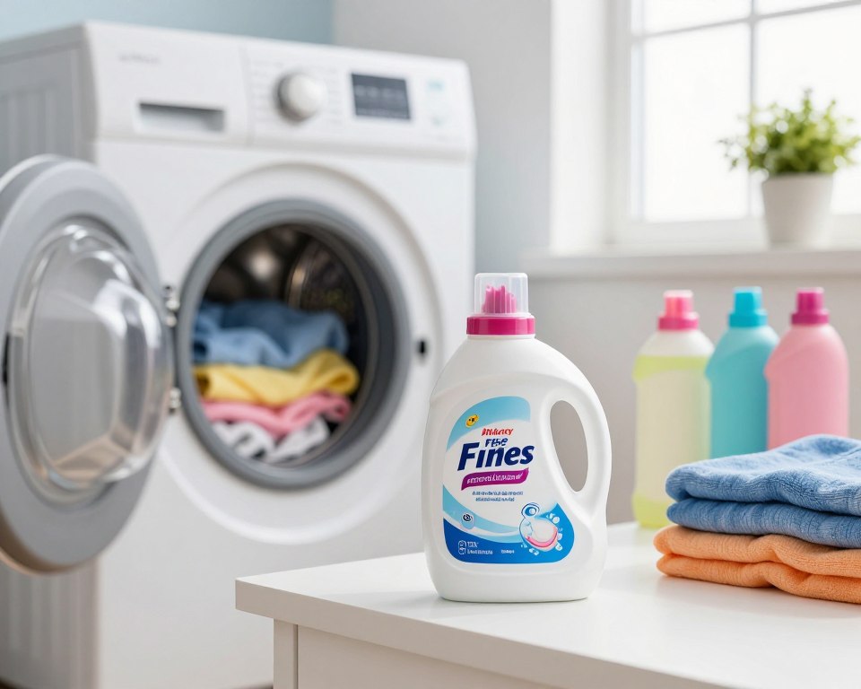 A focused composition featuring a vibrant, modern laundry room. In the foreground, a sleek container of laundry sanitizer additive sits prominently on a clean, white countertop, surrounded by a few colorful detergent bottles. The middle ground shows a washing machine with an open door, revealing a load of fresh, neatly folded laundry. In the background, a window lets in soft, natural light, creating a warm and inviting atmosphere. The scene is well-lit, highlighting the freshness and cleanliness of the fabrics. A few potted plants add a touch of greenery, enhancing the homey feel. The overall mood is one of cleanliness and care, emphasizing the importance of sanitizing laundry effectively. A focused composition featuring a vibrant, modern laundry room. In the foreground, a sleek container of laundry sanitizer additive sits prominently on a clean, white countertop, surrounded by a few colorful detergent bottles. The middle ground shows a washing machine with an open door, revealing a load of fresh, neatly folded laundry. In the background, a window lets in soft, natural light, creating a warm and inviting atmosphere. The scene is well-lit, highlighting the freshness and cleanliness of the fabrics. A few potted plants add a touch of greenery, enhancing the homey feel. The overall mood is one of cleanliness and care, emphasizing the importance of sanitizing laundry effectively.