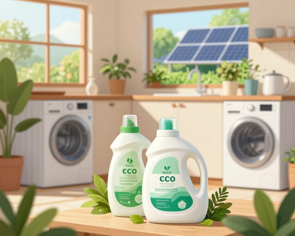 A focused illustration of a vibrant and sustainable environment, showcasing a clean, organic laundry setting. In the foreground, display eco-friendly laundry detergents with clear green labeling, surrounded by fresh plants and natural elements. The middle ground features a modern kitchen or laundry room, equipped with energy-efficient appliances, large windows allowing soft, natural light to fill the space. In the background, an outdoor scene reveals a flourishing garden with solar panels, symbolizing renewable energy. Utilize a warm color palette to evoke a sense of safety and harmony. Capture the image from a slight diagonal angle, providing depth and a clean perspective, promoting an atmosphere of health, responsibility, and environmental care.