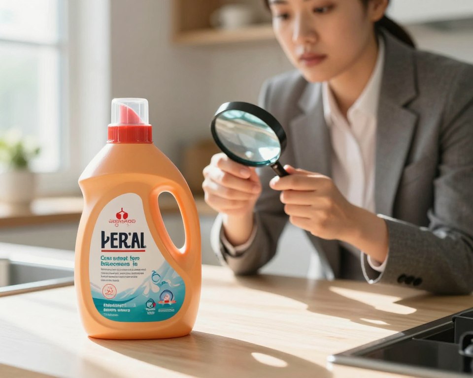 A focused scene in a bright, clean kitchen, showcasing a person analyzing laundry detergent labels. The foreground features a close-up of a colorful bottle of laundry detergent, with a clear view of the back label, highlighting various ingredient names and symbols associated with harmful chemicals. In the middle ground, a thoughtful individual in professional business attire examines the label with a magnifying glass, emphasizing concentration and caution. The background includes a well-organized countertop with natural light pouring in from a nearby window, creating a warm and inviting atmosphere. Shadows provide depth, while soft focus on extraneous details directs attention to the label and the person's actions, capturing the essence of vigilance in choosing safe products.