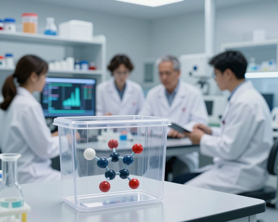 A futuristic laboratory setting, foreground featuring a clear plastic container with intricate molecular structures inside, symbolizing hormone interference. In the middle ground, a diverse group of scientists in professional attire meticulously examining data on screens, engaged in discussion. The background reveals shelves filled with various plastic containers and scientific equipment, hinting at ongoing research. The lighting is bright and sterile, emphasizing a clinical atmosphere, with soft shadows creating depth. A shallow depth of field focuses on the container while subtly blurring the scientists, conveying urgency and innovation in the quest to understand hormone dynamics. The overall mood is one of discovery, tension, and scientific inquiry, inviting the viewer to reflect on the impact of plastic on health. A futuristic laboratory setting, foreground featuring a clear plastic container with intricate molecular structures inside, symbolizing hormone interference. In the middle ground, a diverse group of scientists in professional attire meticulously examining data on screens, engaged in discussion. The background reveals shelves filled with various plastic containers and scientific equipment, hinting at ongoing research. The lighting is bright and sterile, emphasizing a clinical atmosphere, with soft shadows creating depth. A shallow depth of field focuses on the container while subtly blurring the scientists, conveying urgency and innovation in the quest to understand hormone dynamics. The overall mood is one of discovery, tension, and scientific inquiry, inviting the viewer to reflect on the impact of plastic on health.