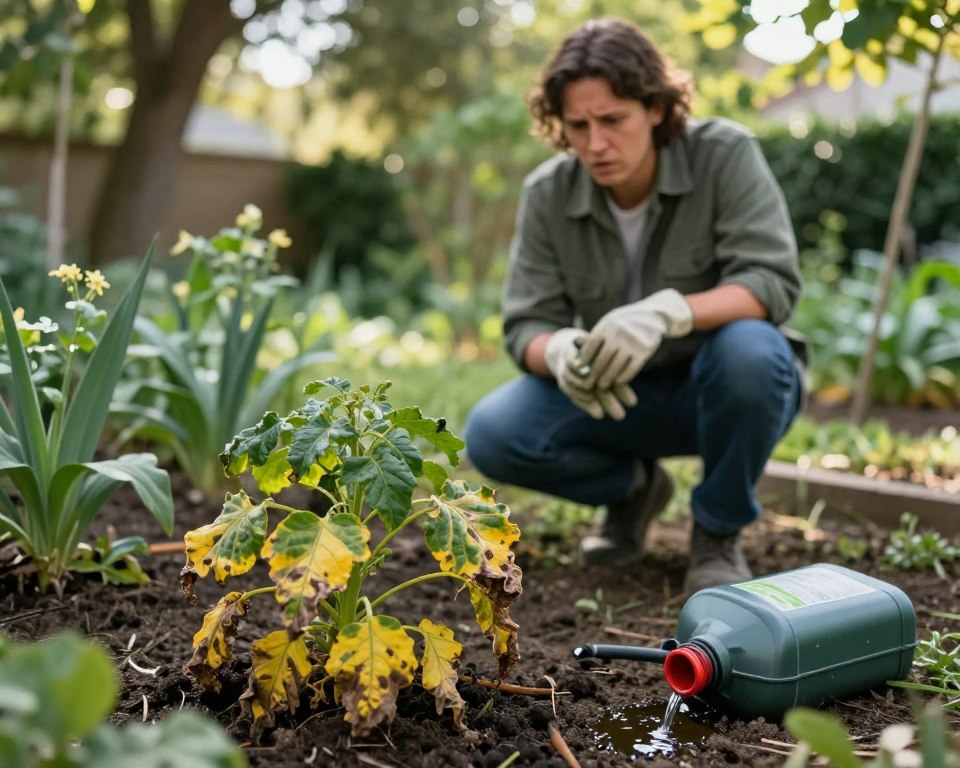 A garden scene illustrating the dangers of weed killer exposure. In the foreground, a close-up of a wilted plant with yellowing leaves, indicating distress from chemical exposure. A small, partially open weed killer container lies nearby, with spilled liquid pooling on the soil. In the middle ground, a concerned individual in professional attire holds a pair of gloves while observing the affected plants; their expression shows worry about the implications of using the product. The background features healthy plants growing unaffected, representing the contrast of safe versus harmful gardening practices. Soft, natural lighting filters through a tree canopy, casting dappled shadows, creating a somber and reflective atmosphere, emphasizing the risks associated with chemical use in gardens. A garden scene illustrating the dangers of weed killer exposure. In the foreground, a close-up of a wilted plant with yellowing leaves, indicating distress from chemical exposure. A small, partially open weed killer container lies nearby, with spilled liquid pooling on the soil. In the middle ground, a concerned individual in professional attire holds a pair of gloves while observing the affected plants; their expression shows worry about the implications of using the product. The background features healthy plants growing unaffected, representing the contrast of safe versus harmful gardening practices. Soft, natural lighting filters through a tree canopy, casting dappled shadows, creating a somber and reflective atmosphere, emphasizing the risks associated with chemical use in gardens.