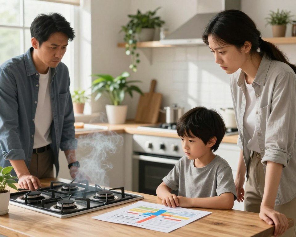 A gas stove emitting visible fumes in a cozy kitchen setting. In the foreground, show a concerned family—two adults in professional attire and a child in modest casual clothing—looking at a chart on the kitchen table that illustrates health effects linked to gas stove emissions. In the middle ground, focus on the stove with faint wisps of smoke rising, while the background depicts a bright, homey kitchen filled with plants, symbolizing a healthy environment. Soft, natural lighting filters through a window, casting gentle shadows and creating a contrast between the warmth of the home and the underlying concern of pollution. The overall atmosphere is one of unease and vigilance, highlighting the importance of evaluating health impacts on vulnerable populations.