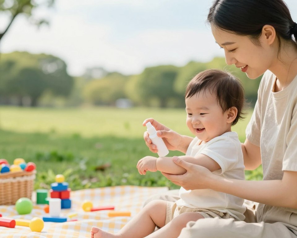 A gentle outdoor scene depicting a caring parent applying insect repellent to a smiling infant in a safe and playful environment. In the foreground, the parent, dressed in modest casual clothing, lovingly sprays a child-friendly insect repellent on the child's arms, both looking relaxed and happy. In the middle ground, a grassy park is dotted with colorful toys and a picnic blanket, emphasizing a safe outdoor play environment. The background features a soft-focus landscape with trees and a sunny sky, creating a warm and inviting atmosphere. Bright, natural lighting enhances the scene, evoking feelings of safety, joy, and care. The composition should be shot from a slightly elevated angle to capture both the parent and child clearly, highlighting their interaction.