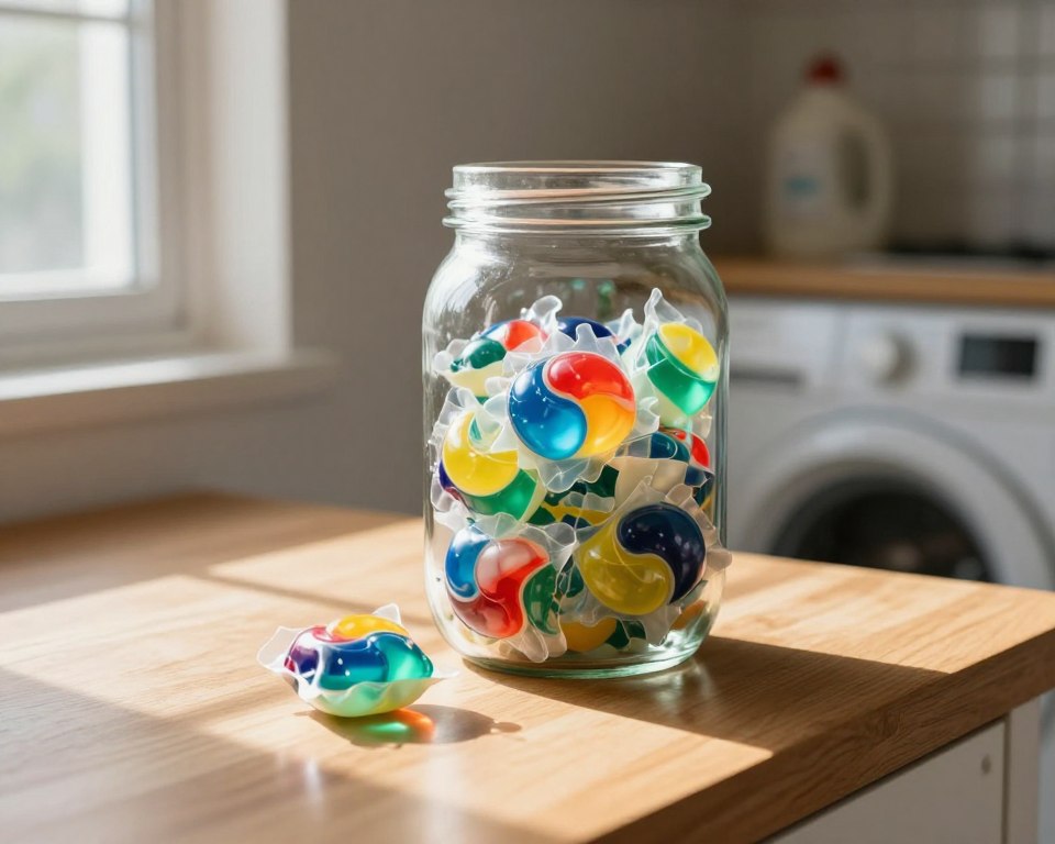 A glass jar filled with brightly colored laundry pods sits on a wooden kitchen countertop, the sunlight streaming in through a nearby window creating a warm, inviting glow. In the foreground, one of the pods is slightly spilled out, highlighting its vibrant colors. The background features a blurred view of a typical laundry room, with a washing machine and detergent bottles hinted at in soft focus. The atmosphere conveys a sense of caution, as a subtle shadow casts over the jar, suggesting potential risks. The scene is shot at a slightly elevated angle to emphasize the contrast between the colorful pods and the clear glass of the jar, enhancing the notion of safety concerns. The lighting is natural and soft, creating a calm yet serious mood, emphasizing the dangers of keeping laundry pods in transparent containers. A glass jar filled with brightly colored laundry pods sits on a wooden kitchen countertop, the sunlight streaming in through a nearby window creating a warm, inviting glow. In the foreground, one of the pods is slightly spilled out, highlighting its vibrant colors. The background features a blurred view of a typical laundry room, with a washing machine and detergent bottles hinted at in soft focus. The atmosphere conveys a sense of caution, as a subtle shadow casts over the jar, suggesting potential risks. The scene is shot at a slightly elevated angle to emphasize the contrast between the colorful pods and the clear glass of the jar, enhancing the notion of safety concerns. The lighting is natural and soft, creating a calm yet serious mood, emphasizing the dangers of keeping laundry pods in transparent containers.