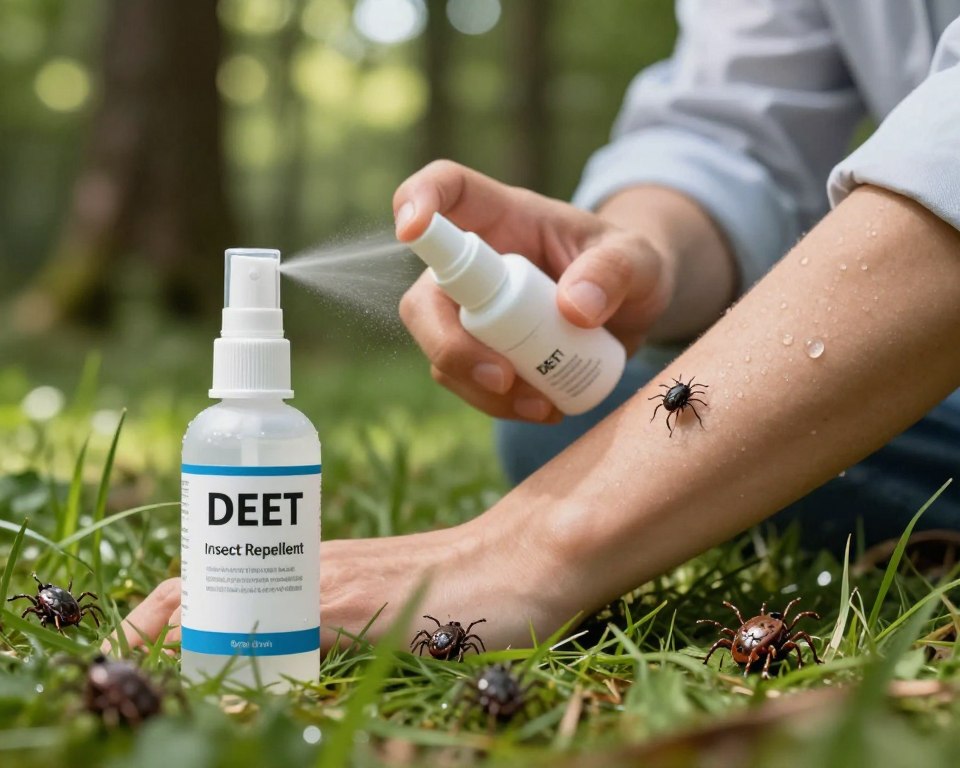 A high-resolution close-up image illustrating the effectiveness of insect repellent, specifically highlighting DEET's action against ticks. In the foreground, a spray bottle labeled “DEET Insect Repellent” with droplets glistening, surrounded by lush green grass and a few ticks in a natural pose, showcasing them repelled by the spray. The middle ground features a hand applying the spray on a well-covered arm, dressed in light, professional clothing, emphasizing safety and protection. The background captures a serene woodland scene, filtered sunlight creating dappled shadows that enhance the natural atmosphere. Soft focus on surrounding foliage evokes a calming mood while accentuating the importance of insect safety. The composition is well-lit, using natural light to showcase clarity and detail in textures. A high-resolution close-up image illustrating the effectiveness of insect repellent, specifically highlighting DEET's action against ticks. In the foreground, a spray bottle labeled “DEET Insect Repellent” with droplets glistening, surrounded by lush green grass and a few ticks in a natural pose, showcasing them repelled by the spray. The middle ground features a hand applying the spray on a well-covered arm, dressed in light, professional clothing, emphasizing safety and protection. The background captures a serene woodland scene, filtered sunlight creating dappled shadows that enhance the natural atmosphere. Soft focus on surrounding foliage evokes a calming mood while accentuating the importance of insect safety. The composition is well-lit, using natural light to showcase clarity and detail in textures.