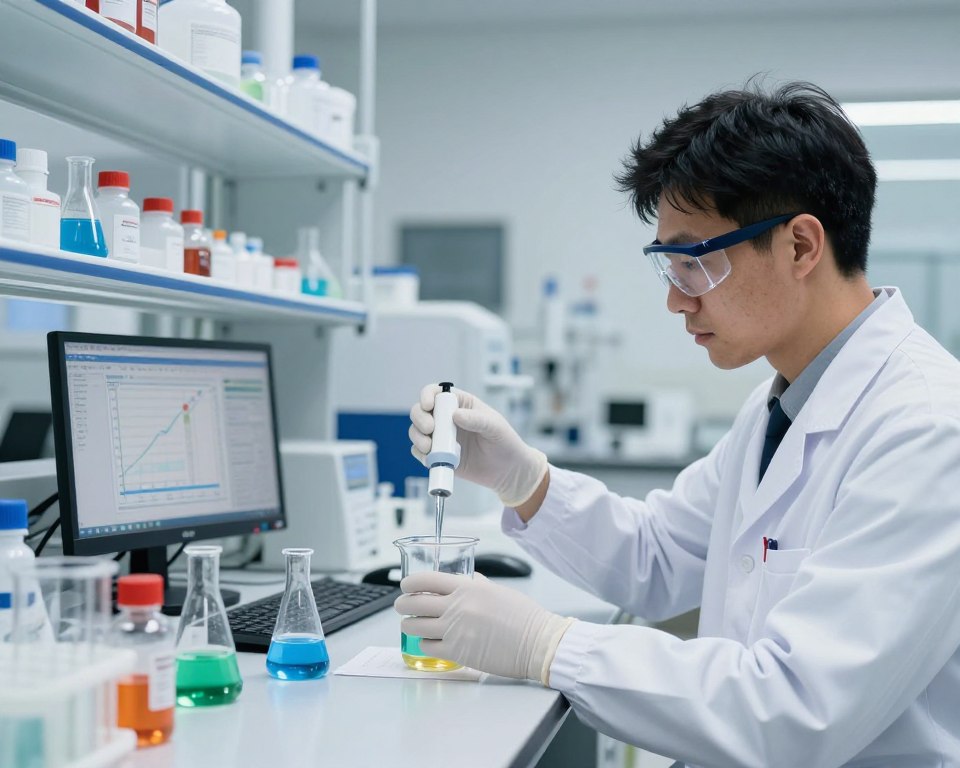 A high-tech laboratory setting focused on safety testing for Sodium Lauryl Sulfate (SLS) and Sodium Laureth Sulfate (SLES). In the foreground, a scientist in a white lab coat, safety goggles, and gloves is meticulously measuring liquid samples using precise laboratory equipment. The middle section showcases various beakers and flasks filled with colorful solutions, along with a computer displaying safety data graphs. In the background, illuminated shelves hold chemical containers and an organized workspace. The lighting is bright and sterile, highlighting the clean, professional atmosphere, while the camera angle captures a balanced view of the lab's functionality. The overall mood is serious and dedicated to scientific inquiry and safety standards. A high-tech laboratory setting focused on safety testing for Sodium Lauryl Sulfate (SLS) and Sodium Laureth Sulfate (SLES). In the foreground, a scientist in a white lab coat, safety goggles, and gloves is meticulously measuring liquid samples using precise laboratory equipment. The middle section showcases various beakers and flasks filled with colorful solutions, along with a computer displaying safety data graphs. In the background, illuminated shelves hold chemical containers and an organized workspace. The lighting is bright and sterile, highlighting the clean, professional atmosphere, while the camera angle captures a balanced view of the lab's functionality. The overall mood is serious and dedicated to scientific inquiry and safety standards.