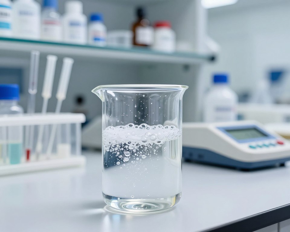 A highly detailed close-up of Sodium Lauryl Sulfate (SLS) in a laboratory setting. In the foreground, a crystal-clear glass beaker filled with a viscous, transparent liquid displaying fine bubbles. The beaker is placed on a sleek, modern lab countertop. In the middle ground, neatly arranged pipettes and laboratory tools are visible, with a blurred focus on a digital pH meter indicating levels. The background features shelves stocked with chemical compounds and safety equipment, illuminated by soft, diffused lighting that creates a calm and professional atmosphere. The color palette emphasizes clean whites and blues, suggesting purity and scientific rigor. The image evokes a sense of precision and safety, ideal for a discussion on skin sensitivity and irritation potential. A highly detailed close-up of Sodium Lauryl Sulfate (SLS) in a laboratory setting. In the foreground, a crystal-clear glass beaker filled with a viscous, transparent liquid displaying fine bubbles. The beaker is placed on a sleek, modern lab countertop. In the middle ground, neatly arranged pipettes and laboratory tools are visible, with a blurred focus on a digital pH meter indicating levels. The background features shelves stocked with chemical compounds and safety equipment, illuminated by soft, diffused lighting that creates a calm and professional atmosphere. The color palette emphasizes clean whites and blues, suggesting purity and scientific rigor. The image evokes a sense of precision and safety, ideal for a discussion on skin sensitivity and irritation potential.