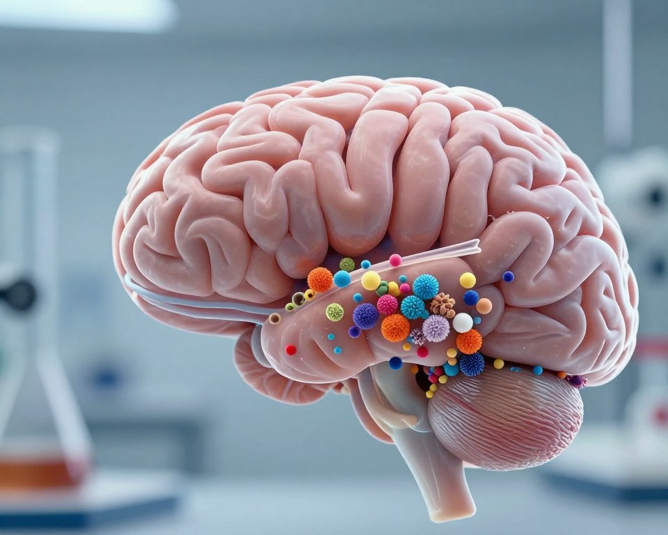 A highly detailed, scientific illustration showing microplastics in a close-up view near a human brain. In the foreground, depict colorful microplastics, such as tiny pellets and fibers, vividly contrasting against the brain's surface. The middle layer features a translucent, semi-realistic representation of the brain, highlighting the blood-brain barrier as a protective layer against potential contaminants. In the background, softly blurred laboratory equipment symbolizing ongoing scientific research adds depth. Use soft, diffused lighting to create a laboratory ambiance, with a focus on clarity and detail. The overall mood should be serious and contemplative, reflecting the scientific inquiry into the possibility of microplastics entering the brain. The lens should be macro, emphasizing the intricate details of both the plastic particles and brain structure. A highly detailed, scientific illustration showing microplastics in a close-up view near a human brain. In the foreground, depict colorful microplastics, such as tiny pellets and fibers, vividly contrasting against the brain's surface. The middle layer features a translucent, semi-realistic representation of the brain, highlighting the blood-brain barrier as a protective layer against potential contaminants. In the background, softly blurred laboratory equipment symbolizing ongoing scientific research adds depth. Use soft, diffused lighting to create a laboratory ambiance, with a focus on clarity and detail. The overall mood should be serious and contemplative, reflecting the scientific inquiry into the possibility of microplastics entering the brain. The lens should be macro, emphasizing the intricate details of both the plastic particles and brain structure.