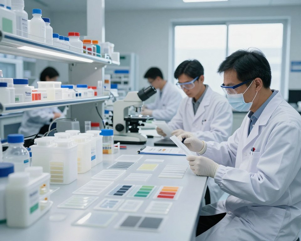 A highly detailed scientific laboratory setting, showcasing a variety of Tritan plastic samples arranged on a sleek, modern table in the foreground. In the middle ground, scientists, dressed in professional lab coats and safety glasses, examine the samples with precision instruments. The background features shelves filled with research materials and equipment, illuminated with bright, focused lighting to create a clean and informative atmosphere. A large window allows natural light to flood in, enhancing the calming and professional mood of the space. The camera angle is slightly elevated, providing a comprehensive view of the activities and emphasizing the importance of scientific analysis and safety in Tritan plastic studies. A highly detailed scientific laboratory setting, showcasing a variety of Tritan plastic samples arranged on a sleek, modern table in the foreground. In the middle ground, scientists, dressed in professional lab coats and safety glasses, examine the samples with precision instruments. The background features shelves filled with research materials and equipment, illuminated with bright, focused lighting to create a clean and informative atmosphere. A large window allows natural light to flood in, enhancing the calming and professional mood of the space. The camera angle is slightly elevated, providing a comprehensive view of the activities and emphasizing the importance of scientific analysis and safety in Tritan plastic studies.