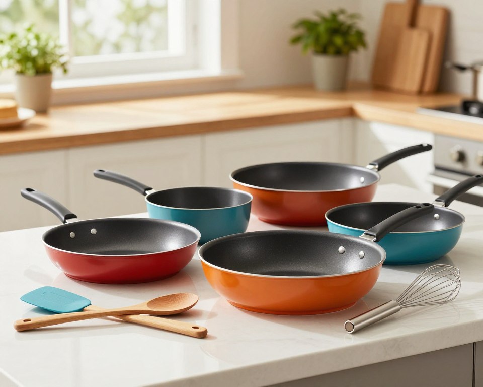 A kitchen countertop scene featuring a set of glossy nonstick pans in varying sizes, showcasing their smooth surfaces and vibrant colors. In the foreground, include high-quality cooking utensils such as a silicone spatula, wooden spoon, and a whisk, elegantly arranged to convey the idea of safe cooking practices. The middle ground should reveal a well-lit, inviting kitchen space with warm, natural lighting streaming in through a window, creating a cozy atmosphere. In the background, soft-focus elements like potted herbs and neatly organized kitchen gadgets provide context without distraction. The overall mood is one of cleanliness, safety, and efficiency, highlighting best practices for maintaining nonstick cookware. A kitchen countertop scene featuring a set of glossy nonstick pans in varying sizes, showcasing their smooth surfaces and vibrant colors. In the foreground, include high-quality cooking utensils such as a silicone spatula, wooden spoon, and a whisk, elegantly arranged to convey the idea of safe cooking practices. The middle ground should reveal a well-lit, inviting kitchen space with warm, natural lighting streaming in through a window, creating a cozy atmosphere. In the background, soft-focus elements like potted herbs and neatly organized kitchen gadgets provide context without distraction. The overall mood is one of cleanliness, safety, and efficiency, highlighting best practices for maintaining nonstick cookware.