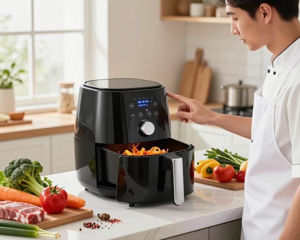 A kitchen scene featuring a modern air fryer on a countertop, surrounded by various healthy ingredients like fresh vegetables, lean meats, and spices, conveying a sense of safety and wellness. In the foreground, a professional-looking chef in a clean white apron inspects the air fryer with a thoughtful expression. The air fryer should be shown with a bright indicator light, symbolizing that it’s in operation but secure. The middle ground includes a splash of colorful vegetables artistically arranged, reinforcing the idea of nutritious cooking. In the background, soft natural light filters through a kitchen window, creating a warm and inviting atmosphere. The overall mood reflects safety and daily use, inspiring confidence for users.