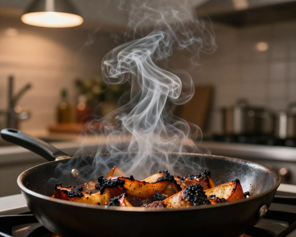 A kitchen scene focused on a pan of burnt food, with wisps of smoky tendrils rising into the air. In the foreground, highlight the pan with charred vegetables or meat, capturing the texture of the burnt areas. In the middle, show subtle curls of gray smoke swirling, hinting at potential harm to lungs. The background should feature a kitchen setting with a dim light source, perhaps an overhead lamp casting a warm glow, creating a tense atmosphere. Use a slightly tilted angle to emphasize the smoke rising and the intensity of the burnt food. Maintain a professional, informative mood suitable for a health-related article, ensuring all elements are safe for work and appropriate.