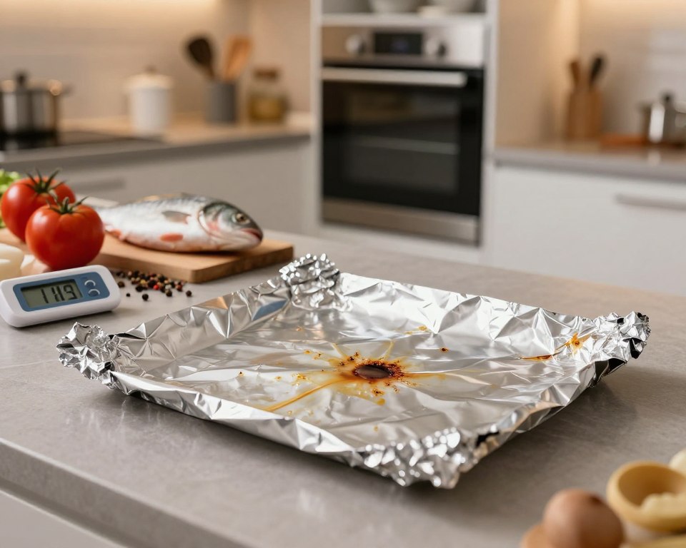 A kitchen scene focused on the dangers of cooking with aluminum foil. In the foreground, a close-up of a used sheet of wrinkled aluminum foil resting on a countertop, with small signs of corrosion and food residue clinging to it. In the middle ground, display various raw ingredients—tomatoes, fish, and spices—symbolizing cookery along with a digital thermometer to indicate temperature issues. The background features a softly lit kitchen, showcasing a modern oven and utensils, emphasizing a clean yet cautious environment. Use warm, ambient lighting to create a serious but informative atmosphere, highlighting the potential risks of aluminum migration into food. The angle should be slightly tilted, adding a dynamic touch to the composition.