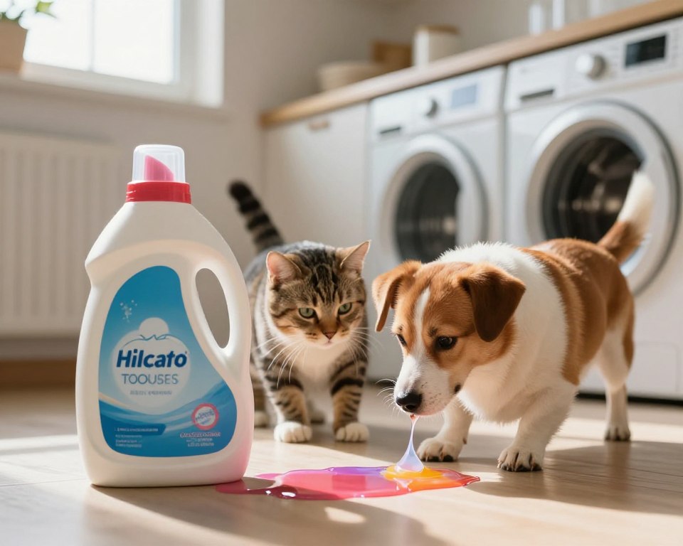 A kitchen scene that illustrates the toxicity of laundry detergents to pets. In the foreground, a colorful bottle of laundry detergent spills slightly, with vibrant liquid pooling around it. In the middle ground, a curious cat and dog sniff the detergent, their expressions showing curiosity but also concern. The background features a well-organized laundry area, with soft, warm lighting casting gentle shadows, emphasizing a sense of domesticity. A window allows natural light to filter in, creating a serene but cautious atmosphere. The focal length captures a close-up of the bottle and pets, highlighting the potential dangers while maintaining a calm environment. No text or logos are included. A kitchen scene that illustrates the toxicity of laundry detergents to pets. In the foreground, a colorful bottle of laundry detergent spills slightly, with vibrant liquid pooling around it. In the middle ground, a curious cat and dog sniff the detergent, their expressions showing curiosity but also concern. The background features a well-organized laundry area, with soft, warm lighting casting gentle shadows, emphasizing a sense of domesticity. A window allows natural light to filter in, creating a serene but cautious atmosphere. The focal length captures a close-up of the bottle and pets, highlighting the potential dangers while maintaining a calm environment. No text or logos are included.