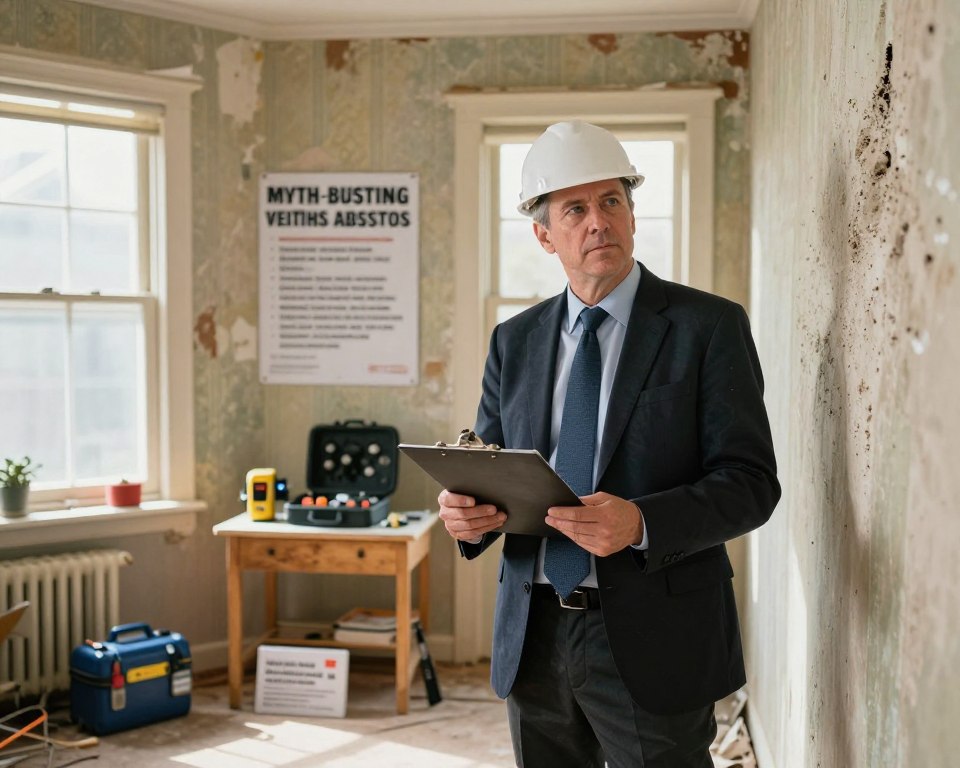 A knowledgeable inspector in professional business attire stands confidently in a partially renovated older home, surrounded by various asbestos testing kits, posters debunking myths about asbestos safety, and infrared thermal imaging tools. The foreground showcases the inspector holding a clipboard, examining a textured wall that may contain asbestos, while light filters in through a vintage window, casting warm, natural illumination. The middle ground features tools and safety gear, emphasizing a safe working environment. In the background, faded wallpaper hints at the home’s age and history. The atmosphere is informative and reassuring, conveying a sense of safety and professionalism, as well as a commitment to educating homeowners about asbestos risks. The angle captures the inspector's focused expression, embodying the theme of myth-busting and awareness. A knowledgeable inspector in professional business attire stands confidently in a partially renovated older home, surrounded by various asbestos testing kits, posters debunking myths about asbestos safety, and infrared thermal imaging tools. The foreground showcases the inspector holding a clipboard, examining a textured wall that may contain asbestos, while light filters in through a vintage window, casting warm, natural illumination. The middle ground features tools and safety gear, emphasizing a safe working environment. In the background, faded wallpaper hints at the home’s age and history. The atmosphere is informative and reassuring, conveying a sense of safety and professionalism, as well as a commitment to educating homeowners about asbestos risks. The angle captures the inspector's focused expression, embodying the theme of myth-busting and awareness.