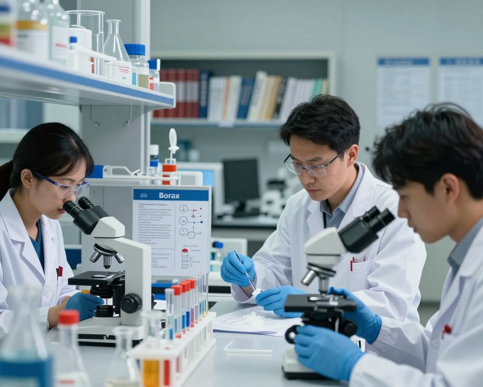 A laboratory scene focused on the evaluation of borax as a reproductive hazard. In the foreground, a diverse group of three scientists in professional lab coats, one male and two female, are examining chemical samples under a microscope. Their expressions reflect concentration and attention, highlighting the serious nature of the research. In the middle ground, laboratory equipment including beakers, test tubes, and informational charts on borax's chemical composition are arranged neatly on a counter. The background shows shelves filled with scientific textbooks and research papers regarding chemical safety. Soft, diffused lighting illuminates the scene, creating a calm, focused atmosphere, while an overhead shot captures the intricate details of the laboratory environment, emphasizing the scientific approach to the study.