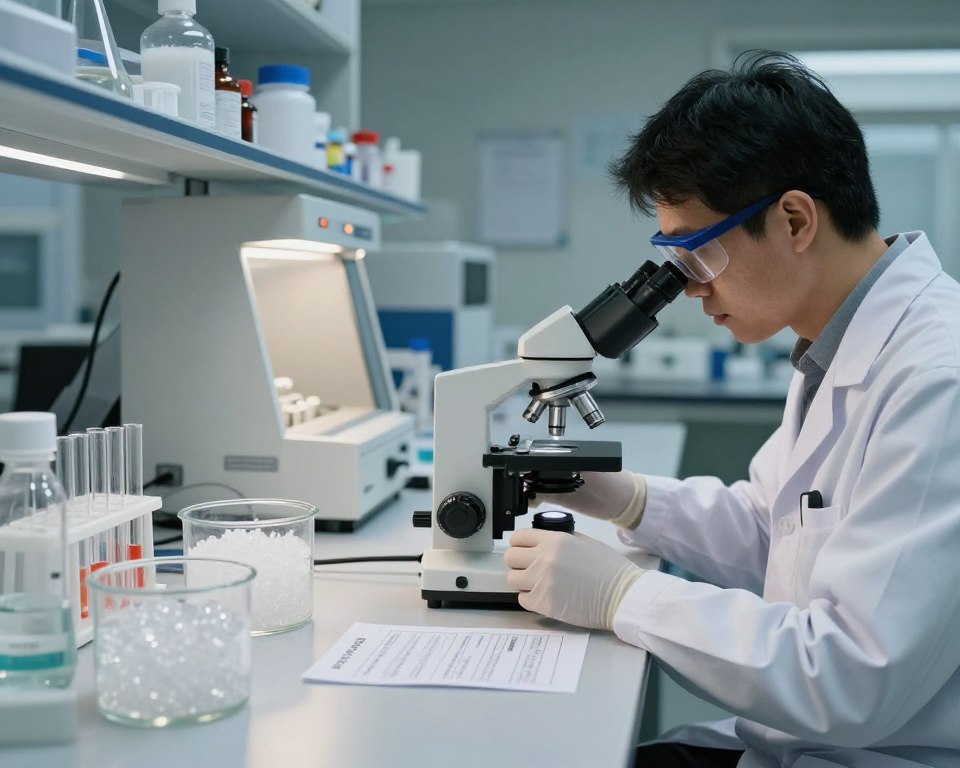 A laboratory scene focusing on a polycarbonate toxicity study, featuring a scientist in a white lab coat and safety goggles, examining samples under a microscope. In the foreground, clear glass containers filled with polycarbonate material, accompanied by labels indicating different toxicity levels. The middle ground showcases lab equipment like a fume hood, beakers, and analytical instruments, arranged meticulously. The background reveals shelves filled with chemical compounds and research papers. Soft, cool lighting illuminates the space, casting gentle shadows and highlighting the clarity of the glass. The atmosphere is serious and methodical, conveying a sense of scientific inquiry and diligence in researching polycarbonate toxicity. A laboratory scene focusing on a polycarbonate toxicity study, featuring a scientist in a white lab coat and safety goggles, examining samples under a microscope. In the foreground, clear glass containers filled with polycarbonate material, accompanied by labels indicating different toxicity levels. The middle ground showcases lab equipment like a fume hood, beakers, and analytical instruments, arranged meticulously. The background reveals shelves filled with chemical compounds and research papers. Soft, cool lighting illuminates the space, casting gentle shadows and highlighting the clarity of the glass. The atmosphere is serious and methodical, conveying a sense of scientific inquiry and diligence in researching polycarbonate toxicity.
