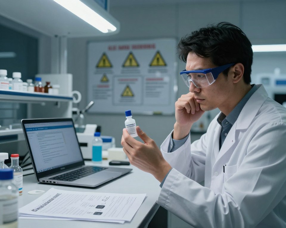 A laboratory setting that emphasizes the themes of educational limitations and medical responsibility regarding chemical safety. In the foreground, a professional figure in a lab coat and safety goggles examines a bottle of nail polish remover (acetone), with a pensive expression, symbolizing caution. In the middle, a cluttered desk filled with safety manuals, chemical charts, and a laptop displaying educational resources, highlighting the need for knowledge in chemical handling. The background features a whiteboard filled with warning symbols and safety protocols, dimly lit with overhead fluorescent lighting to enhance the atmosphere of seriousness and awareness. The overall mood is one of introspection and urgency, focused on responsible chemical use and safety education. A laboratory setting that emphasizes the themes of educational limitations and medical responsibility regarding chemical safety. In the foreground, a professional figure in a lab coat and safety goggles examines a bottle of nail polish remover (acetone), with a pensive expression, symbolizing caution. In the middle, a cluttered desk filled with safety manuals, chemical charts, and a laptop displaying educational resources, highlighting the need for knowledge in chemical handling. The background features a whiteboard filled with warning symbols and safety protocols, dimly lit with overhead fluorescent lighting to enhance the atmosphere of seriousness and awareness. The overall mood is one of introspection and urgency, focused on responsible chemical use and safety education.